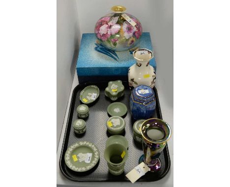 A selection of Wedgwood Jasperware ceramics, including: five various pillboxes and covers; four pin dishes; and a vase, 8.5cm