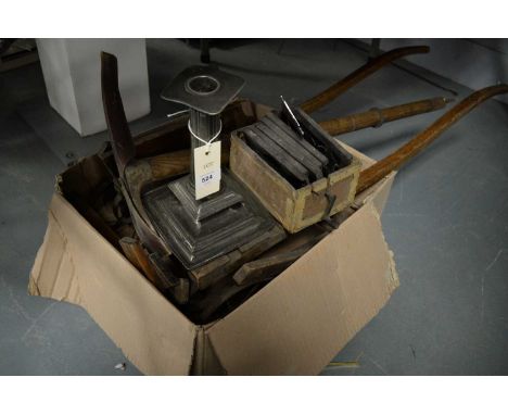 A selection of vintage tools and collectables, including: pewter candlestick, pick axe, cart, and other items. 
