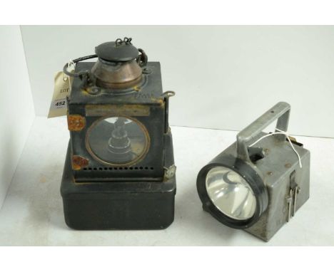 A Welch patent railway lantern; together with a Rail Signalling torch lamp by Bardic Ltd. (2)