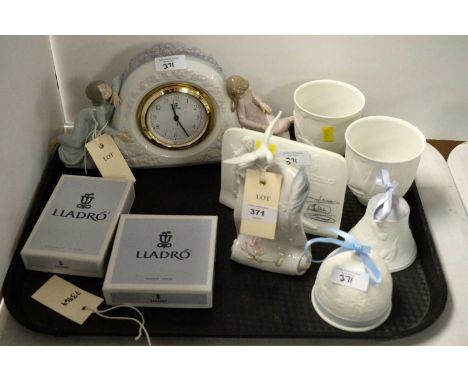 A Lladro 'Two Sisters' figural mantel clock, 16cms high; together with other decorative Lladro ceramics, including: two boxed