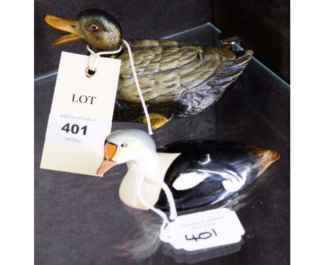 A 20th Century Austrian cold-painted decoy duck trinket box, the hinged duck wings opening to reveal gilt-washed interior, 13