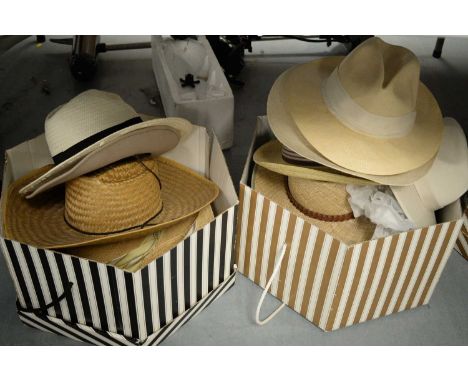 A collection of vintage hats and accessories, including: a Jacques Vert lady's blue hat; an assortment of wicker hats; a pair