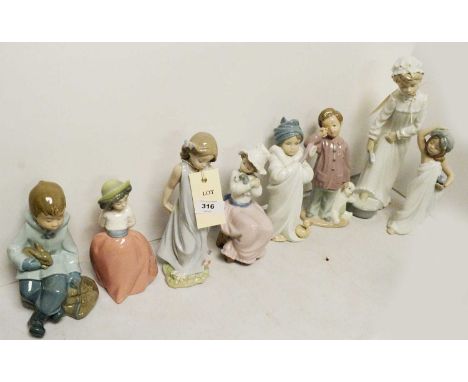 A selection of Lladro and Nao figures, including: three Lladro figures of girls; three Nao figures of girls; and two Nao figu