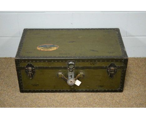 A vintage travelling trunk with stencil to interior 'A.L. Forsberg CCM/USNR' (Chief Carpenters Mate, United States Naval Rese
