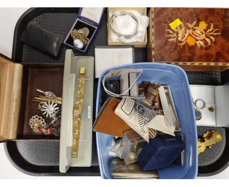 A selection of costume jewellery, including: brooches, a white metal bangle, necklaces, a pair of sovereign scales, and other