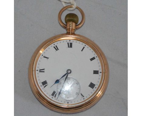 A 9ct yellow gold cased open faced pocket watch, the white enamel roman dial with subsidiary seconds aperture, fitted a 17-je