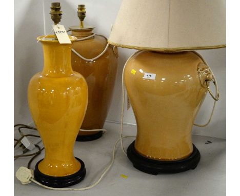 A 20th Century ceramic table lamp, of baluster form, with lion's head and brass ring handles, raised on an ebonised stepped p