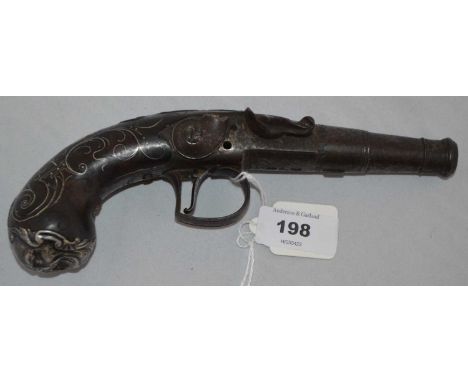 A late 18th Century flintlock pistol, by Pickfatt, London, with turn-off cannon type barrel, the butt inlaid with silver wire