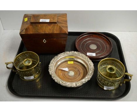 A Victorian sarcophagus tea caddy, raised on four bun feet, 18cms wide; together with a 20th Century stained wood wine slide 