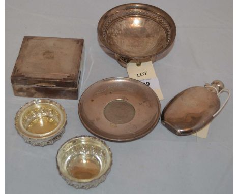 A selection of silver items, including: a bonbon dish inscribed 'S.S.Bayano'; two table salts with clear glass liners; a ciga