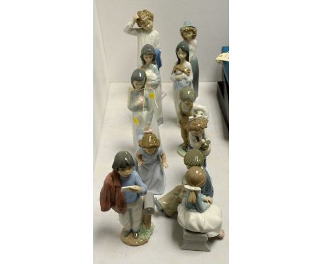 A selection of Nao figures of children, including: a figure group of a young couple seated on a bench, 16.5cms high; and othe