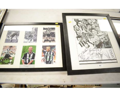 A framed Newcastle United F.C. legends display, comprising six signed photographs including Alan Shearer, mounted together in