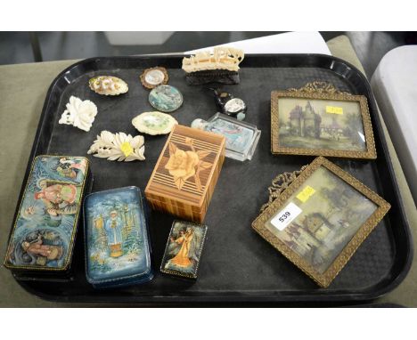 A selection of decorative items, including: pair of miniature oil paintings, each in gilt frame; three Russian trinket boxes 