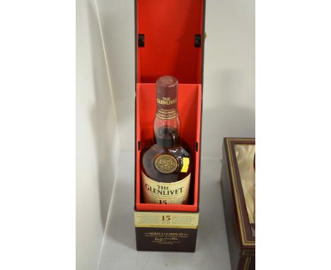 A bottle of Glenlivet Single Malt Scotch Whisky, 15 Years Old, French Oak Reserve, contained in presentation box.
