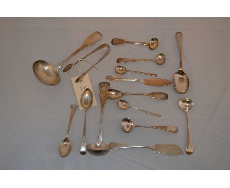 A selection of silver flatware, including: a ladle, a butter knife, mustard spoons and other items. 8.5oz gross. 
