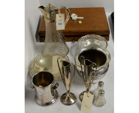 A selection of silver-plated ware, including: a Victorian etched-glass water jug with silver plated mounts; two various stemm