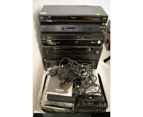A selection of hi-fi and home entertainment electronics, including: a Panasonic Blue-ray disc player; an iScan Duo DVDO VRS b