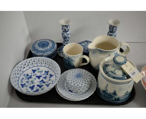 A selection of 20th Century blue and white ceramics, including: Rye Iden Pottery jug, biscuit barrel, and mug; pair of blue a