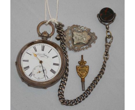 A silver cased open faced pocket watch, by J.G. Graves, Sheffield, with silver albert chain, fob and swivel fob.