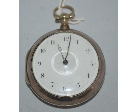 A George III silver pair cased pocket watch, London 1803, the white enamel arabic dial fitted a key wound movement by John Re