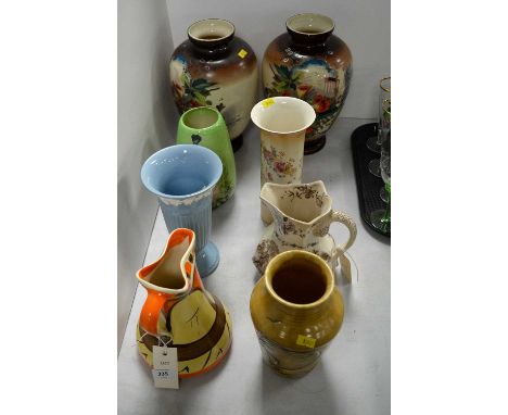 A selection of ceramics, including: a Myott Son &amp; Co. hand-painted water jug; a Wedgwood Jasperware vase; a Masons 'Watte