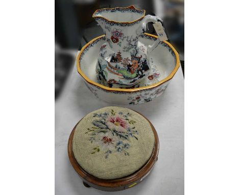 A Masons Ironstone ewer and basin, each decorated with Chinoiserie temple scenes, flowers, birds, and sailing ships, the jug 