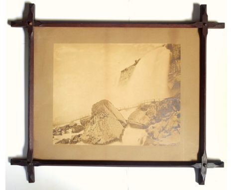Colonial Interest - Victorian albumen photograph print of the Niagara Falls with a footbridge going across the lower section,