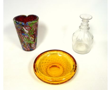 Murano "Tutti Frutti" glass vase, possibly by Dino Martens, of tapering ovular form with a twice pinched rim, with a ruby red