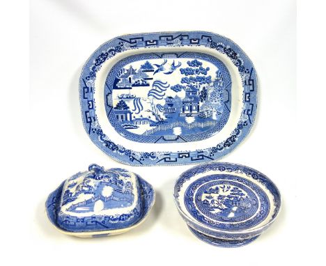 Large Victorian Elkin Knight &amp; Co. stone china willow pattern meat dish with gravy channels and well, 52.8 x 40.7cm; ture