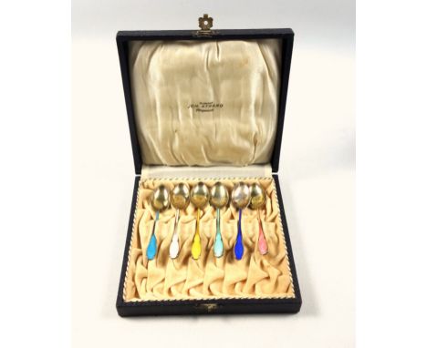 Set of 6 Norwegian silver gilt and guilloché enamel demitasse spoons, marked “925S”, in a Joh. Strand, Haugesund, case, gross