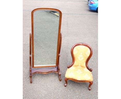 Victorian style mahogany cheval mirror with an arched top, with undertier, on scroll supports, 169 x 77 x 59.5cm, and a Victo