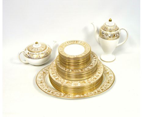 Wedgwood "Gold Florentine" pattern bone china part dinner, tea, and coffee service of 55 pieces, comprising 2 circular tureen