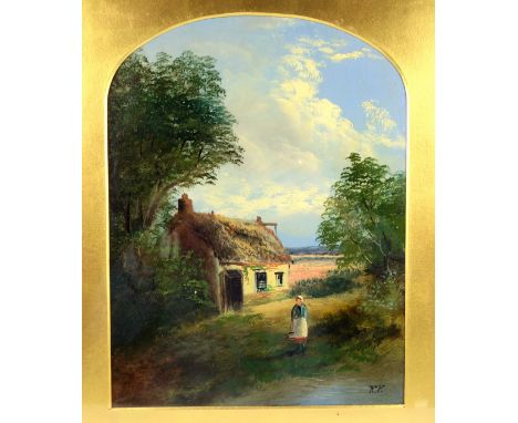 English School, 19th century, woman with cottage on the edge of woodland, and River landscape with woodland and mountains bey