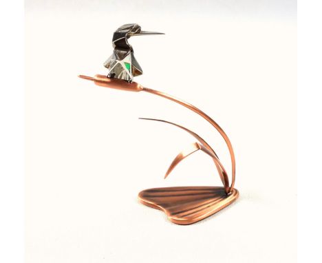 Contemporary silver model of a kingfisher, by N D, Birmingham, perched upon a copper coloured reedmace, H.11cmCondition: Smal