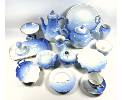 Bing &amp; Grondahl porcelain "Seagull" pattern part tea and coffee set comprising, oval teapot, H.16cm; coffee pot, H.24.cm;