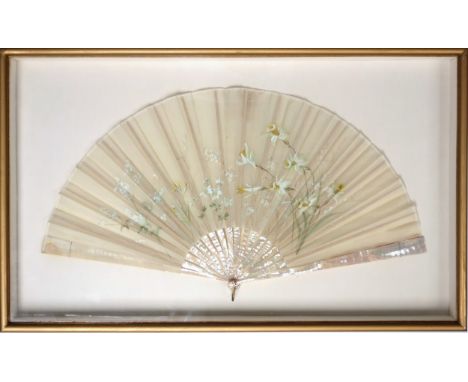 Mother of pearl fan, the cream silk painted with narcissi and other flowers, in a rectangular glazed gilt frame, 48 x 78.5cm 