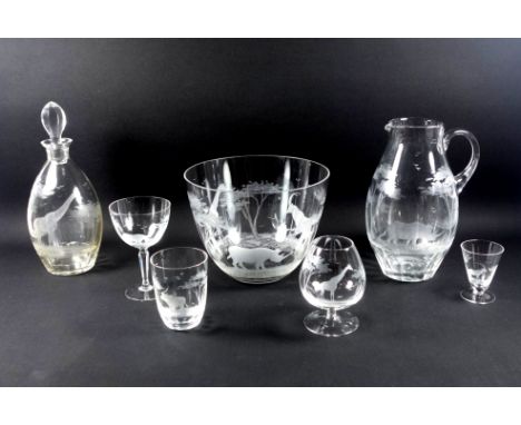 Part suite of Rowland Ward Safari Range table glass comprising 12 sherries, 10 white wines, 12 tumblers, 8 brandies, ovoid de