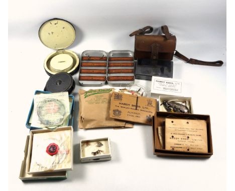 Hardy "Uniqua" 3 5/8" metal fly reel, silver plated sandwich box in a leather case, other related items, leather covered coni