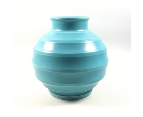 Wedgwood pottery vase by Keith Murray (1892-1981), the body of ribbed globular form with a matte blue glaze, printed factory 