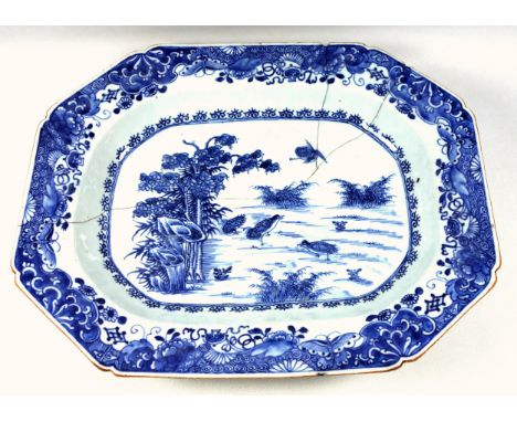 Late 18th Century Chinese octagonal blue and white dish, decorated with birds, trees and bamboo, W.37.5cm, (damaged and repai