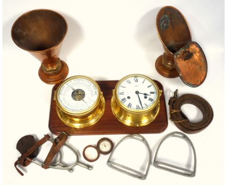 Schatz, Germany, brass maritime bulkhead clock and combination thermometer-barometer, the clock with a circular white enamell