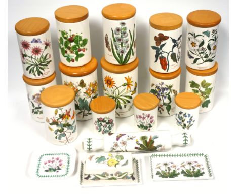 Fourteen Portmeirion, mostly "Botanic Garden" pattern circular storage jars, each with a beech cover, the largest 21 x 13.5cm