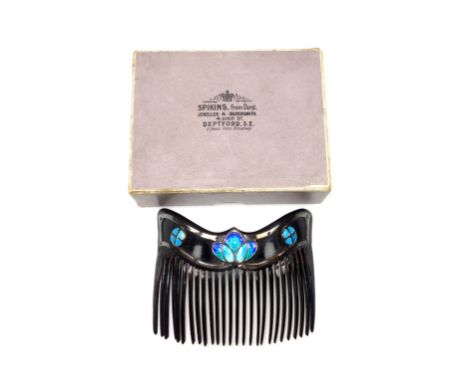 Arts and Crafts silver and enamel comb by James Fenton, Birmingham 1908, W. 10cm, boxed. 