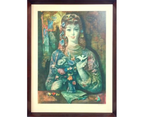 After Harold Hitchcock (1914-2009), "Serenity", portrait of a woman with case of flowers and dove, 18/100, signed in ballpoin