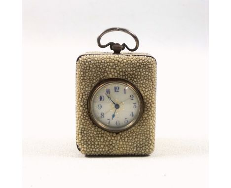 Victorian miniature silver, white metal, and shagreen cased carriage timepiece, with a white enamel dial with blue Arabic num