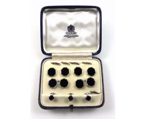 9ct white gold and black onyx dress set comprising a pair of octagonal cufflinks, 4 studs and 3 small studs, by C & F, Birmin