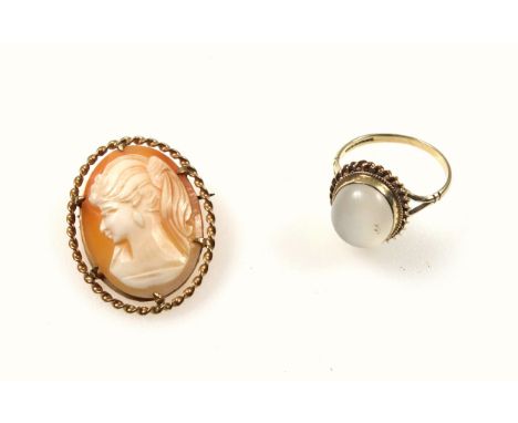 9ct gold oval shell cameo brooch/pendant with a carved portrait of a girl, by W J P, Birmingham, 1970, 2.8 x 2.3cm, and a 9ct