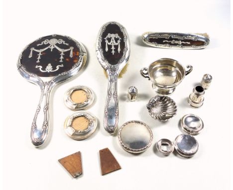 Edwardian silver and tortoiseshell mounted 3 piece dressing table set comprising hand mirror, hairbrush, and clothes brush, b