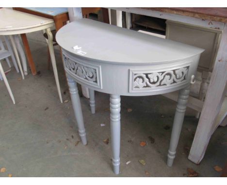 A grey painted demi-lune console side table