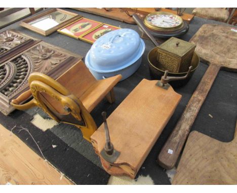 A Victorian Danish sausage meat press, Radvan bread slicer, brass pot and tea caddy 